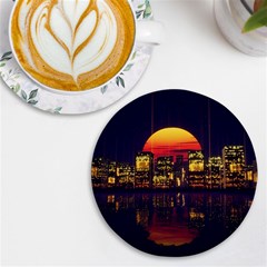 Abstract City Retro Sunset Night Uv Print Round Tile Coaster by Bedest