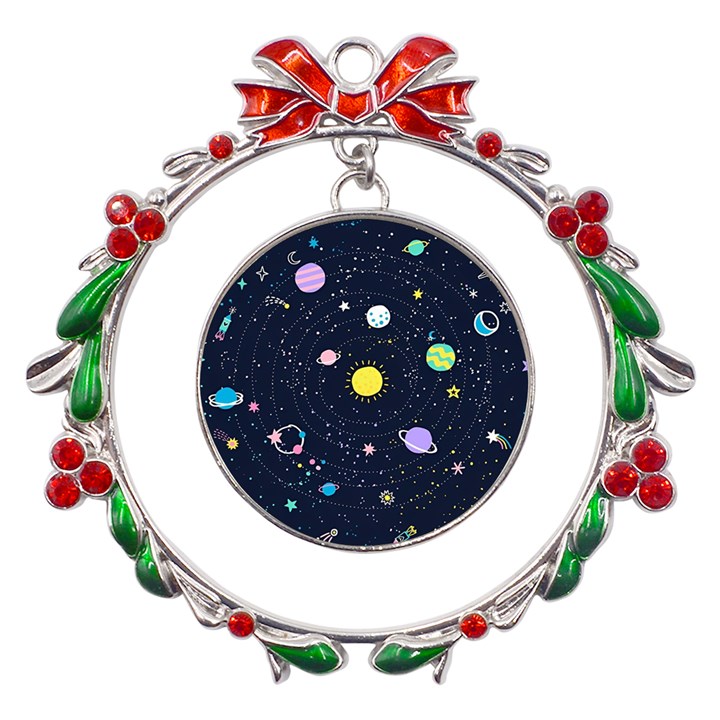 Aesthetic Outer Space Cartoon Art Metal X mas Wreath Ribbon Ornament