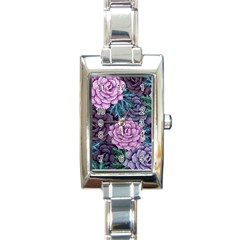 Purple Rose Retro Floral Flower Rectangle Italian Charm Watch by Bedest