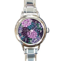 Purple Rose Retro Floral Flower Round Italian Charm Watch by Bedest