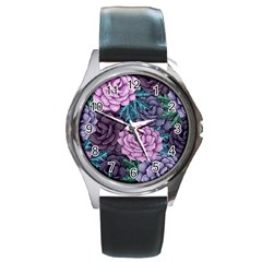 Purple Rose Retro Floral Flower Round Metal Watch by Bedest