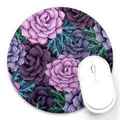 Purple Rose Retro Floral Flower Round Mousepad by Bedest