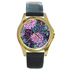 Purple Rose Retro Floral Flower Round Gold Metal Watch by Bedest