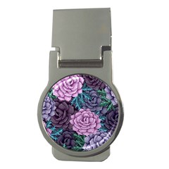 Purple Rose Retro Floral Flower Money Clips (round)  by Bedest