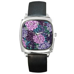 Purple Rose Retro Floral Flower Square Metal Watch by Bedest