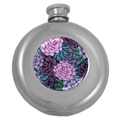 Purple Rose Retro Floral Flower Round Hip Flask (5 Oz)