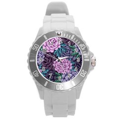 Purple Rose Retro Floral Flower Round Plastic Sport Watch (l) by Bedest