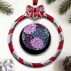 Purple Rose Retro Floral Flower Metal Red Ribbon Round Ornament by Bedest