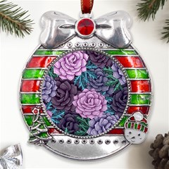 Purple Rose Retro Floral Flower Metal X mas Ribbon With Red Crystal Round Ornament by Bedest