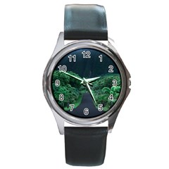 Jungle Road Hawaii Asphalt Mountains Green Round Metal Watch by Bedest