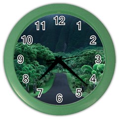 Jungle Road Hawaii Asphalt Mountains Green Color Wall Clock by Bedest