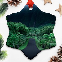 Jungle Road Hawaii Asphalt Mountains Green Snowflake Ornament (two Sides)