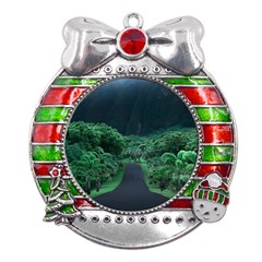 Jungle Road Hawaii Asphalt Mountains Green Metal X mas Ribbon With Red Crystal Round Ornament by Bedest