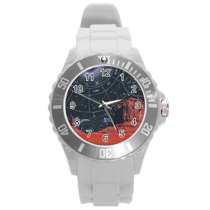 Astrology Surreal Surrealism Trippy Visual Art Round Plastic Sport Watch (L)