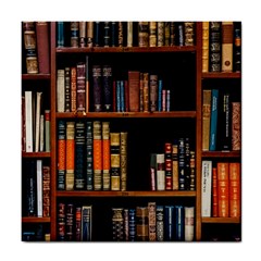 Assorted Title Of Books Piled In The Shelves Assorted Book Lot Inside The Wooden Shelf Tile Coaster by Bedest