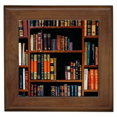 Assorted Title Of Books Piled In The Shelves Assorted Book Lot Inside The Wooden Shelf Framed Tile by Bedest