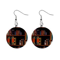 Assorted Title Of Books Piled In The Shelves Assorted Book Lot Inside The Wooden Shelf Mini Button Earrings by Bedest