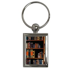 Assorted Title Of Books Piled In The Shelves Assorted Book Lot Inside The Wooden Shelf Key Chain (rectangle) by Bedest