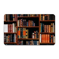 Assorted Title Of Books Piled In The Shelves Assorted Book Lot Inside The Wooden Shelf Magnet (rectangular) by Bedest