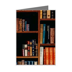 Assorted Title Of Books Piled In The Shelves Assorted Book Lot Inside The Wooden Shelf Mini Greeting Card by Bedest