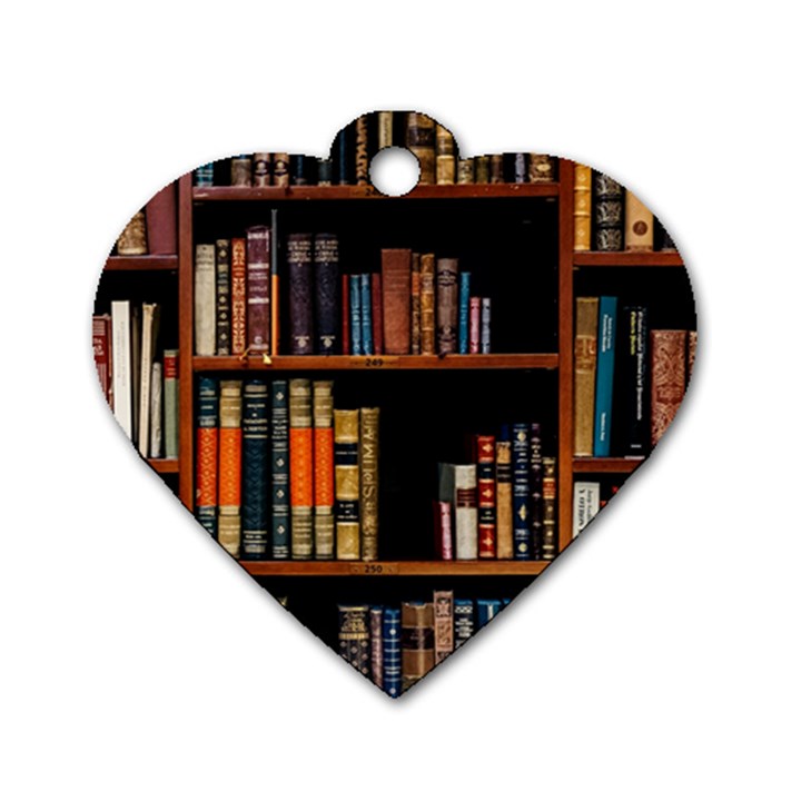 Assorted Title Of Books Piled In The Shelves Assorted Book Lot Inside The Wooden Shelf Dog Tag Heart (One Side)