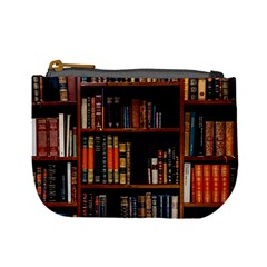 Assorted Title Of Books Piled In The Shelves Assorted Book Lot Inside The Wooden Shelf Mini Coin Purse by Bedest