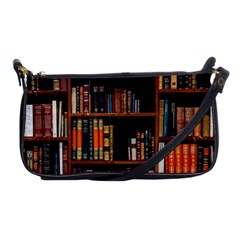 Assorted Title Of Books Piled In The Shelves Assorted Book Lot Inside The Wooden Shelf Shoulder Clutch Bag by Bedest