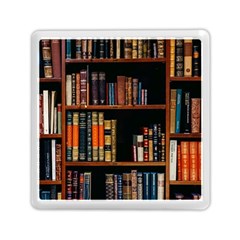 Assorted Title Of Books Piled In The Shelves Assorted Book Lot Inside The Wooden Shelf Memory Card Reader (square) by Bedest