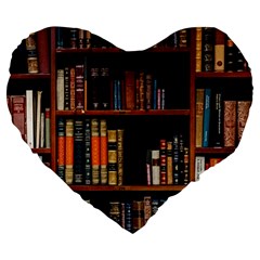 Assorted Title Of Books Piled In The Shelves Assorted Book Lot Inside The Wooden Shelf Large 19  Premium Heart Shape Cushions by Bedest