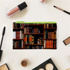 Assorted Title Of Books Piled In The Shelves Assorted Book Lot Inside The Wooden Shelf Cosmetic Bag (xs) by Bedest