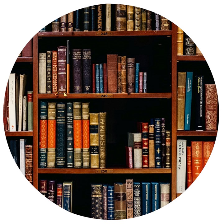 Assorted Title Of Books Piled In The Shelves Assorted Book Lot Inside The Wooden Shelf Wooden Bottle Opener (Round)