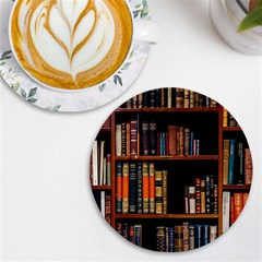 Assorted Title Of Books Piled In The Shelves Assorted Book Lot Inside The Wooden Shelf Uv Print Round Tile Coaster