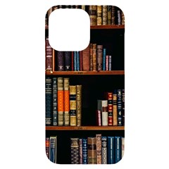 Assorted Title Of Books Piled In The Shelves Assorted Book Lot Inside The Wooden Shelf Iphone 14 Pro Max Black Uv Print Case by Bedest