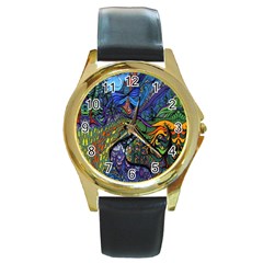 Psychedelic Digital Art Artwork Landscape Colorful Round Gold Metal Watch by Bedest