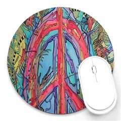 Artistic Psychedelic Hippie Peace Sign Trippy Round Mousepad by Bedest