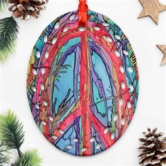 Artistic Psychedelic Hippie Peace Sign Trippy Oval Filigree Ornament (two Sides)