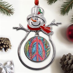 Artistic Psychedelic Hippie Peace Sign Trippy Metal Snowman Ornament by Bedest