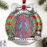 Artistic Psychedelic Hippie Peace Sign Trippy Metal X Mas Ribbon With Red Crystal Round Ornament Front