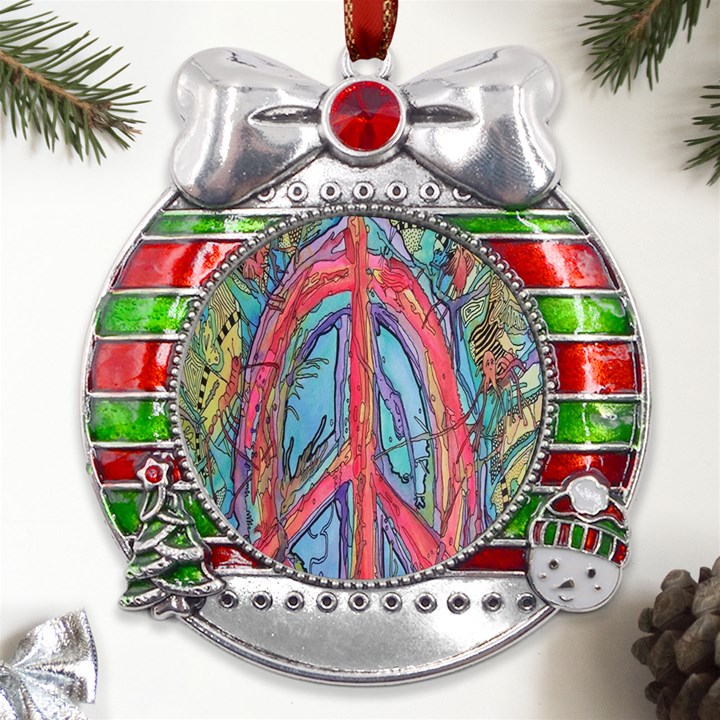 Artistic Psychedelic Hippie Peace Sign Trippy Metal X Mas Ribbon With Red Crystal Round Ornament