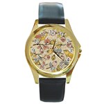 Seamless Pattern With Flower Bird Round Gold Metal Watch Front