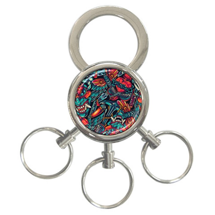 Vintage Tattoos Colorful Seamless Pattern 3-Ring Key Chain