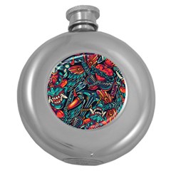 Vintage Tattoos Colorful Seamless Pattern Round Hip Flask (5 Oz)