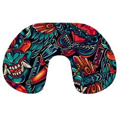 Vintage Tattoos Colorful Seamless Pattern Travel Neck Pillow by Bedest