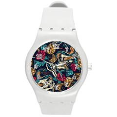 Vintage Art Tattoos Colorful Seamless Pattern Round Plastic Sport Watch (M)