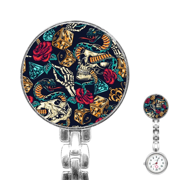 Vintage Art Tattoos Colorful Seamless Pattern Stainless Steel Nurses Watch