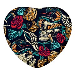 Vintage Art Tattoos Colorful Seamless Pattern Heart Glass Fridge Magnet (4 Pack)