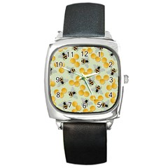 Bees Pattern Honey Bee Bug Honeycomb Honey Beehive Square Metal Watch by Bedest