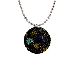 Gold Teal Snowflakes Gold Abstract Christmas 1  Button Necklace by Bedest