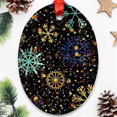 Gold Teal Snowflakes Gold Abstract Christmas Oval Ornament (two Sides)