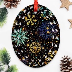 Gold Teal Snowflakes Gold Abstract Christmas Ornament (oval Filigree)